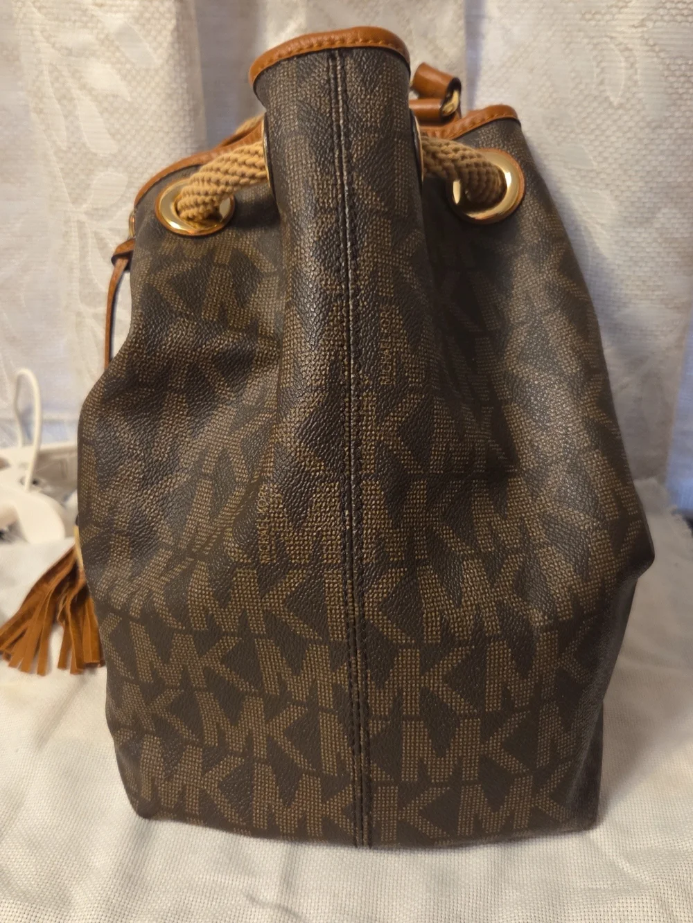 Michael Kors Brown MK Monogram Drawstring Tote